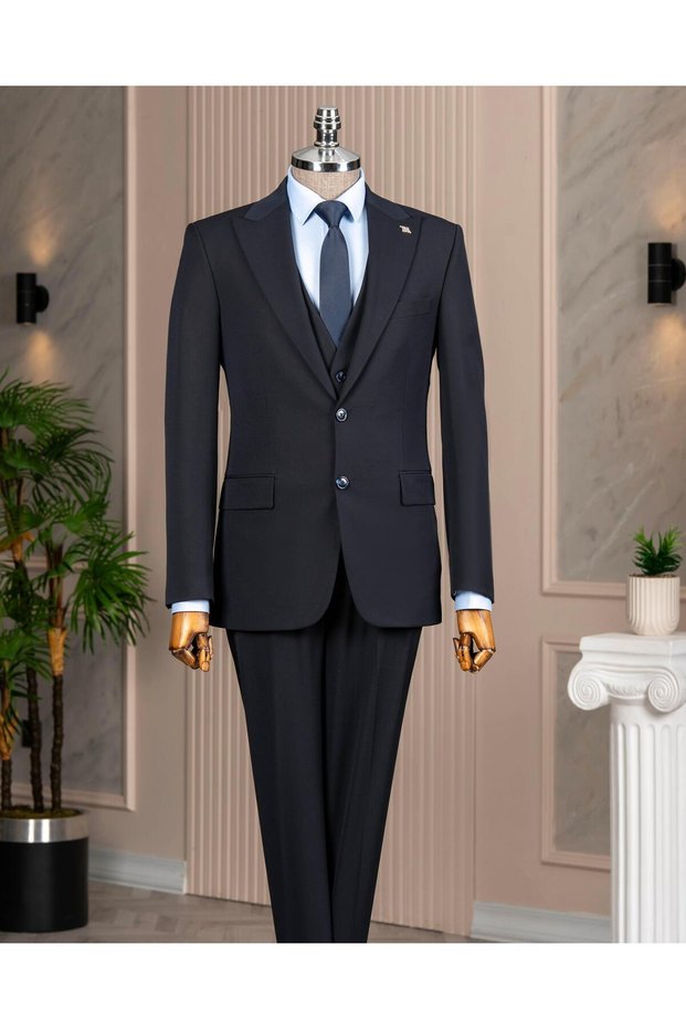 Italian Style S Slim Fit Peaked Lapel Jacket Vest Pants Suit Navy Blue T14862