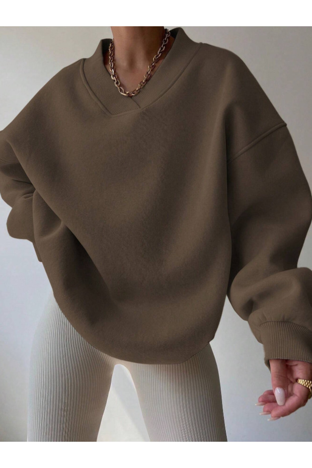 Oversize V Yaka Kadın Sweatshirt - 1
