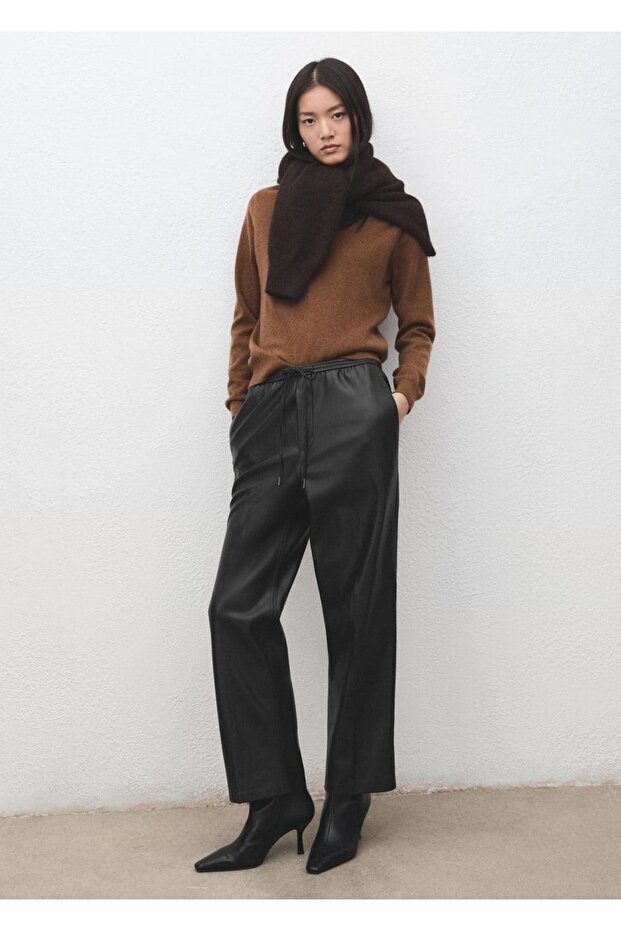 Deri görünümlü elastik belli pantolon - 2