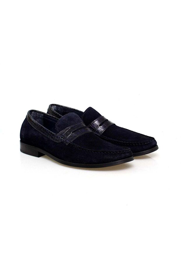 Dark Blue Color Laceless Genuine Leather Suede Men's Shoes