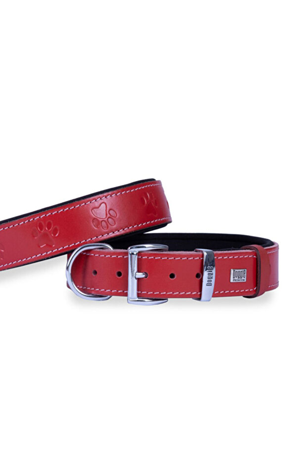 Comfort Leather Paw Patterned Dog Collar Red-Large-4X57-65 cm