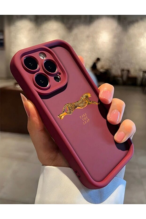 Iphone 14 pro leopard patterned burgundy shock proof case - 2