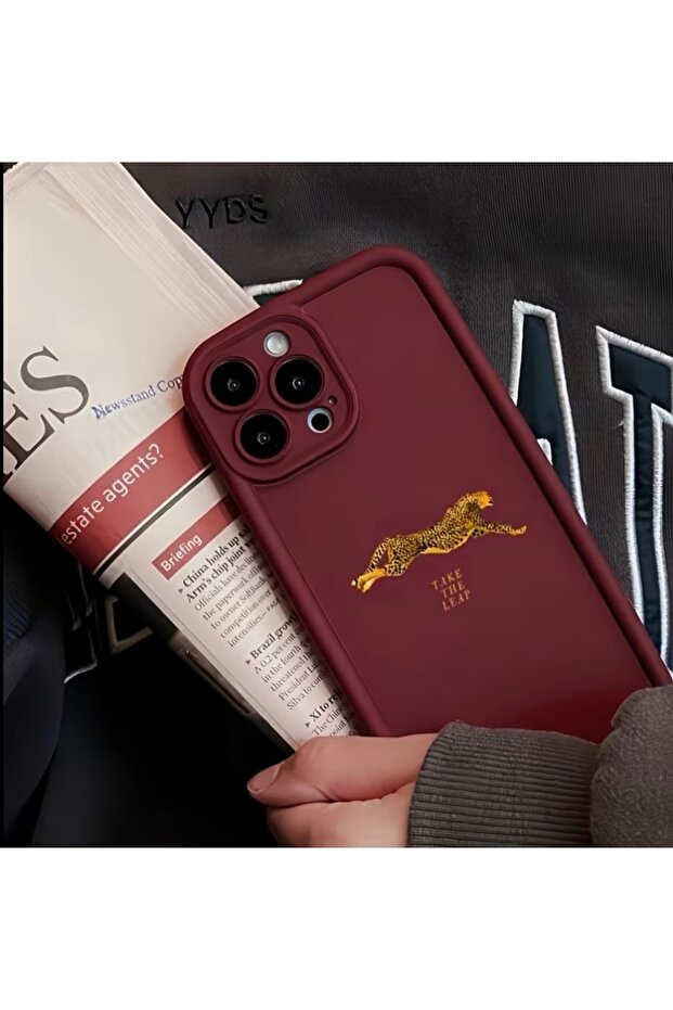 Iphone 14 pro leopard patterned burgundy shock proof case - 1