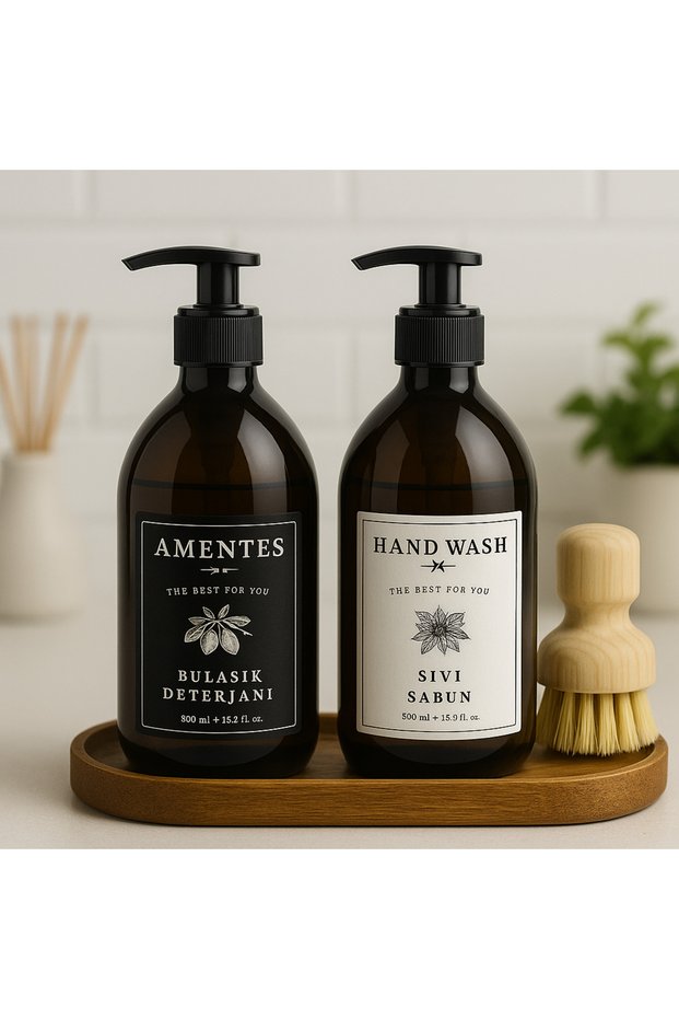 2-Piece Amber Glass Liquid Soap Dishwashing Liquid Bottle with Wooden Stand Soap Dispenser with Stand