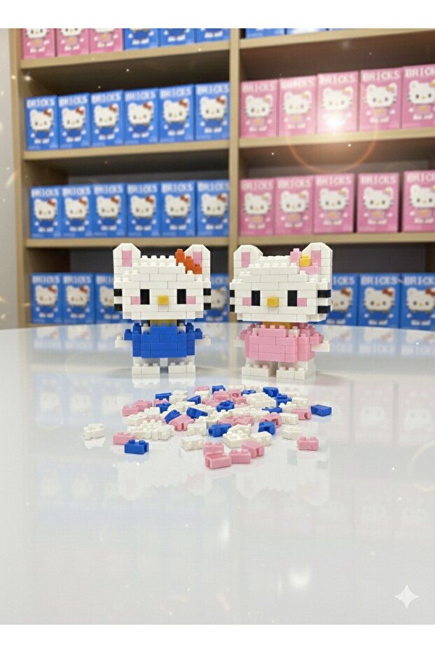 2'li Hello Kitty figür-Çiftler için Mini Blok Yapı Seti –Mini Yapı Oyuncak Seti -(MAVİ VE PEMBE)- - 2