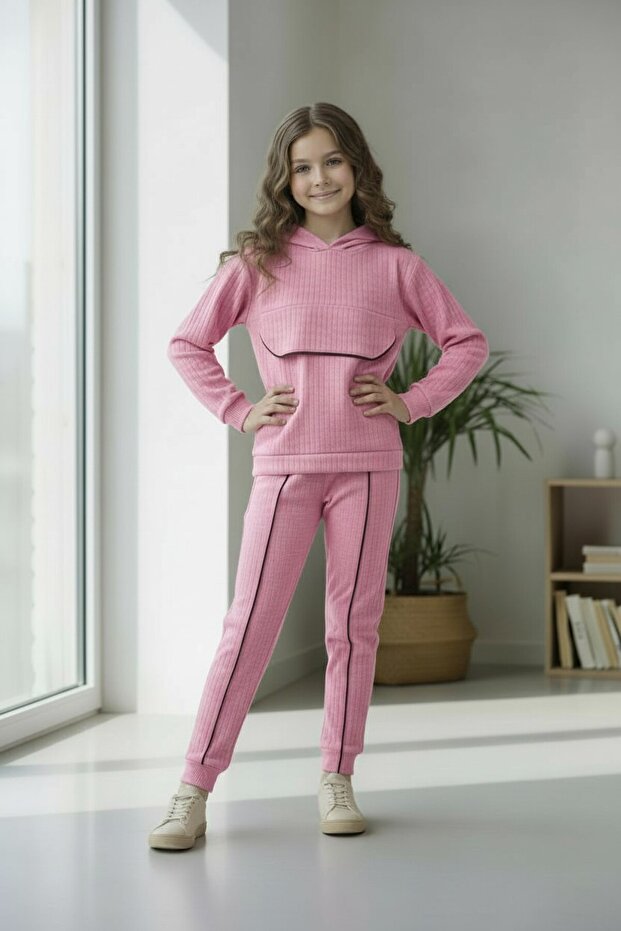Cotton Hooded Girls' Bottom Top Tracksuit Set