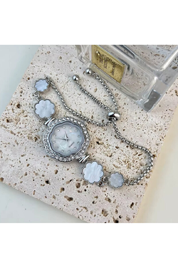 Silver Color Watch Bracelet with Flower Detail