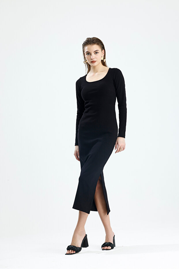 Square Neck Slit Long Sleeve Combed Cotton Dress