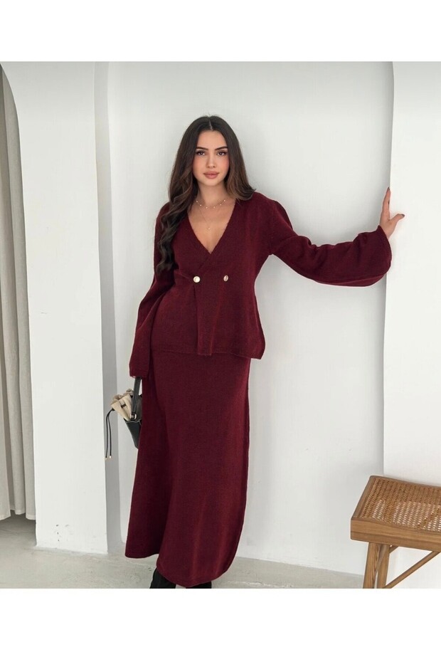 Women's Burgundy Soft Textured Top and Bottom Two-Piece Set - Cardigan-Skirt