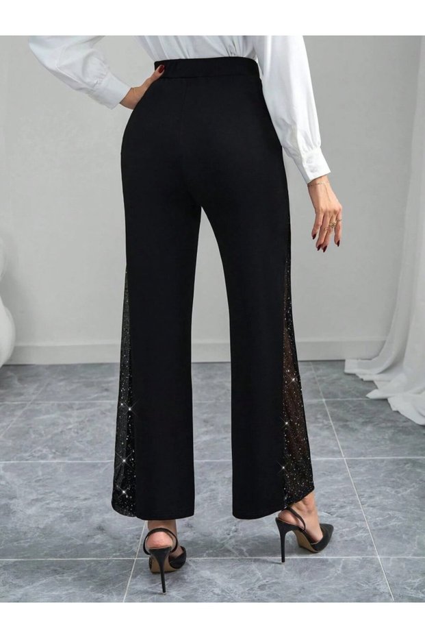 Women's High Waist Imported Crepe Trousers with Tulle Detail on the Sides
