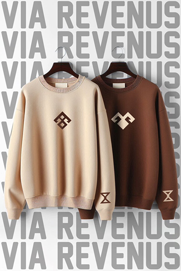 Traditional Turkish Motif Printed Crew Neck 3 Thread Ş Fleece-Lined Double Combination Sweatshirt