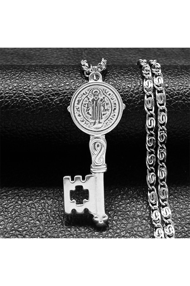50cm Wan SR Catholicism Saint Benedict Key of Life Pendant Necklace for Women Men Stainless Steel Hi