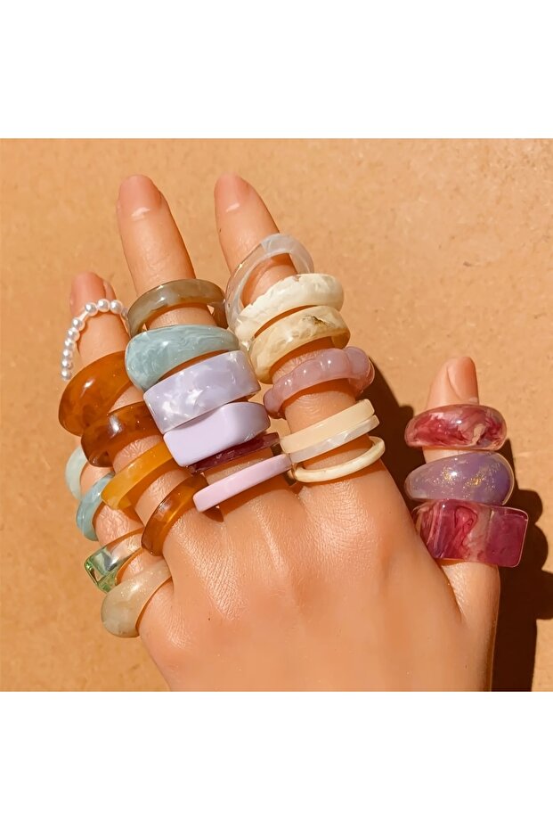 6-7-8-9 MULTI 25 piece Bohemian retro style acrylic resin gold foil ring set for women with dopamine