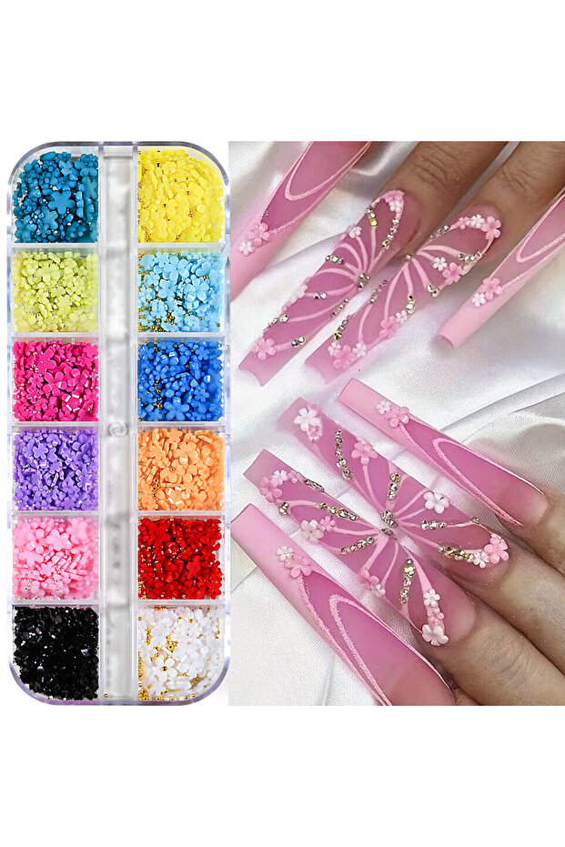 PH204 12Grids/Box Five-Petal Flower/Steel Beads Nail Art Charms Mixed-Size Flowers Gold/Silver Ball