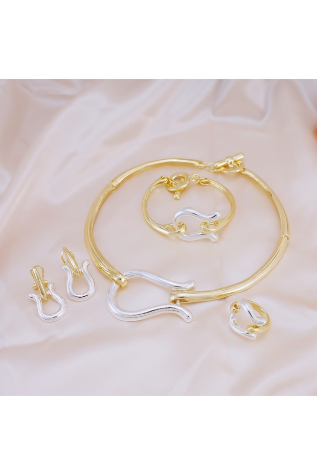 two-tone Fashion Jewelry Sets For Women Gold Color Choker Necklace Earrings Bracelets Ring Wedding S