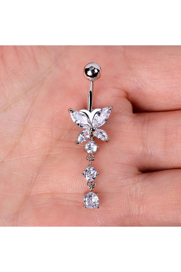 G sliver 0118 1PC Women Fashion Stainless Steel Piercing Crystal Butterfly Heart Belly Navel Ring Da