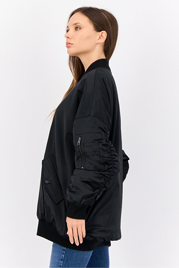 Women Solid Bomber Jacket, Black - 4