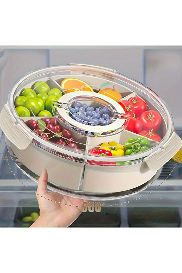 Light Grey Divided Rotating Serving Tray with Lid and Handle, Portable Snackle Box for Fruits Snacks