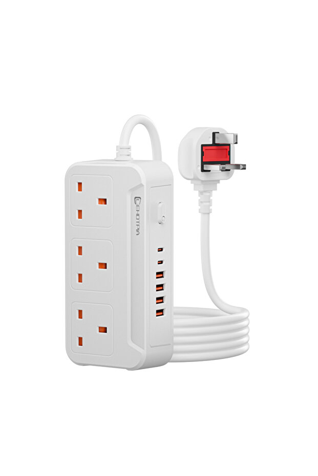 قابس المملكة المتحدة أبيض مع منفذ USB بطول 1.8 متر، منافذ تيار متردد، مقبس متعدد المنافذ، سلك تمديد، شريط طاقة كهربائي