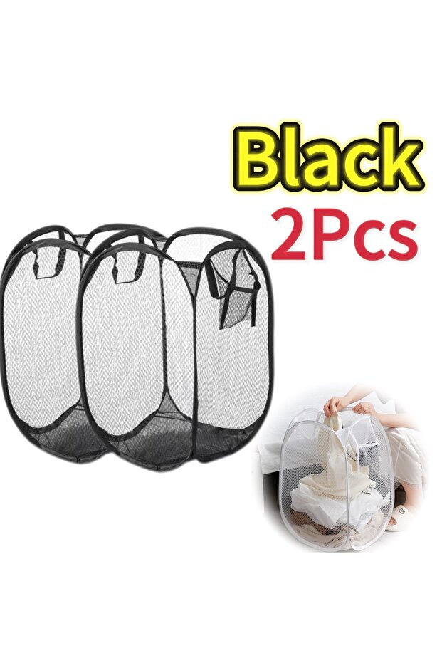 black-2pcs Portable Mesh Pop Up Laundry Hamper Wide Opening Breathable Collapsible Space-Saving Laun