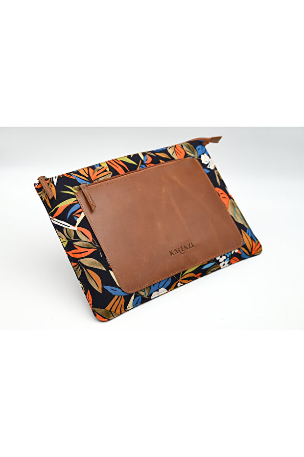 Handcrafted Leather & KALAMKARI Fabric Laptop Sleeve - Front & Back Pockets