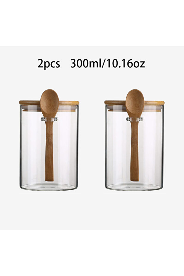 2 PCS 300ml Candy Jar, Biscuit Jar, Glass Storage Jar With Sealed Bamboo Lid And Spoon - 10oz Transp
