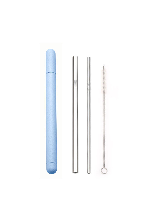 Silver-Blue Box 18/10 Stainless Steel Straw Set Quality Metal Straw Reusable Drinking Straw With Cle