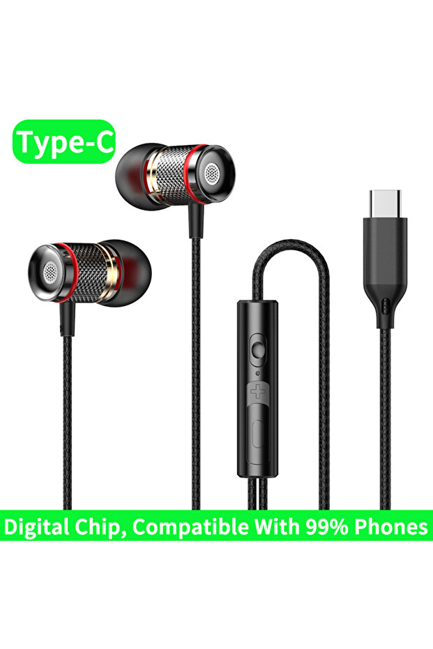 Type-C Black 9D HIFI Heavy Bass Earphone 3.5MM AUX/Type-C Digital Chip 7.1 Surround Stereo Wired Hea