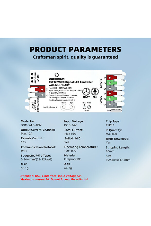 وحدة تحكم الموسيقى الرقمية DOMRAEM WLED ESP32 MiC UART 2CH DOM-WLE-ADM بيضاء مع ميكروفون ومرحل -ESP