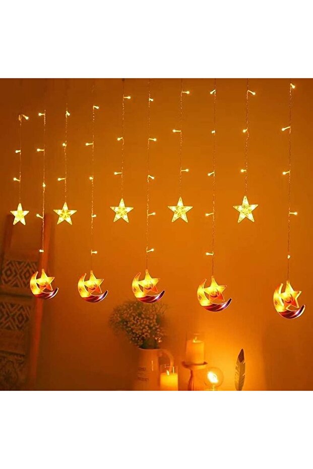 YU WELL Ramadan Star & Moon Curtain String Lights, 3.5M, 138 LED, 8 Modes, 220V