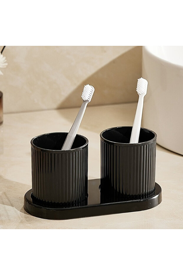 black 2pcs/set Solid Color Mouthwash Cup with Tray, Couple Toothbrush Cup, Gargle Cup Set,Family Bat