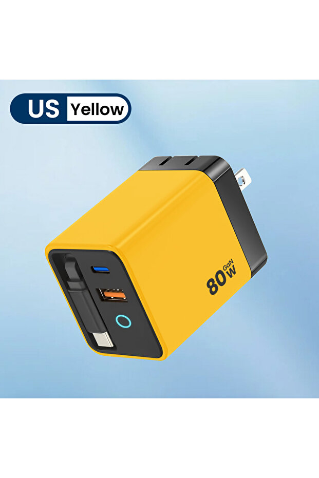 كابل بيانات قابل للتطوير من نوع Elough 80W Gallium Nitride Charger لجهاز iPhone A+C Full Protocol Multi باللون الأصفر الأمريكي