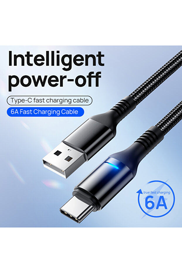 كابل شحن سريع USB-C 100 واط 6 أمبير بطول 2 متر مع شاشة LED وإيقاف تشغيل تلقائي ذكي، سلك شحن مضفر من النايلون