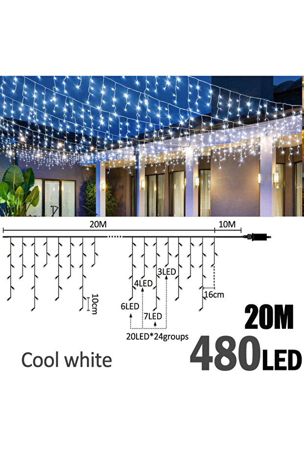 EU Plug BTD-20M480B-CW 6.5200LED/20M480LED Icicle String Lights Christmas 40Drops 8 Modes, Plug in C
