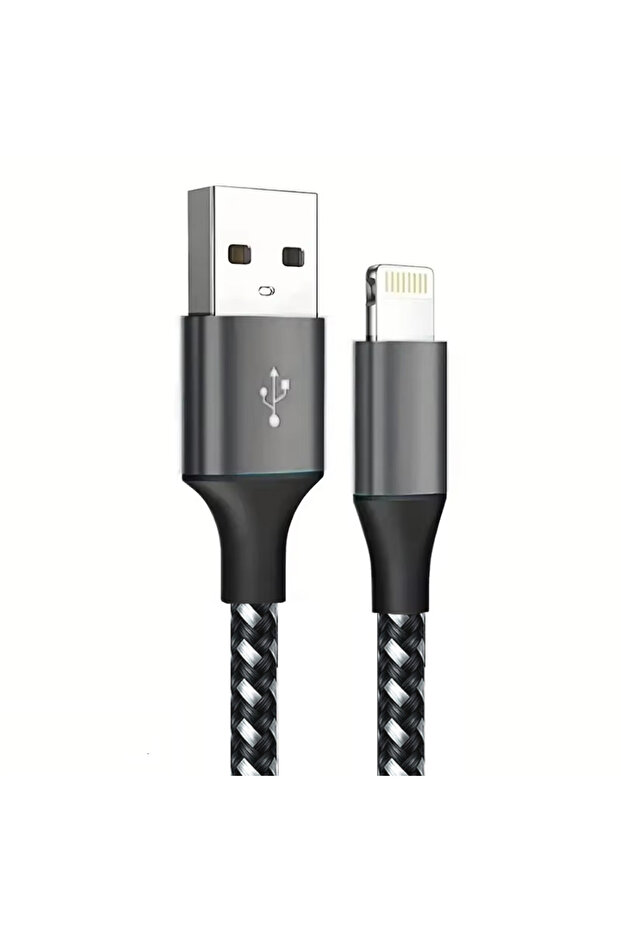 كابل USB-A إلى Lightning أسود بطول 3 أمتار، متوفر بأطوال 1 متر، 2 متر، و3 أمتار، شحن سريع، سلك مضفر من النايلون المتين، بقدرة 12 واط وسرعة 480 ميجابت في الثانية.