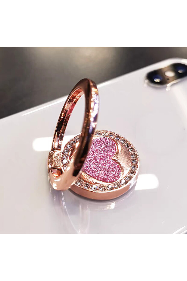 rose gold Creative Circular Mobile Phone Holder Metal Ring Buckle Glittering Heart Decoration Cellph