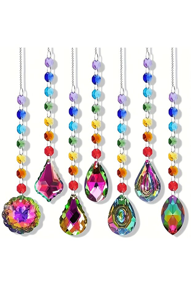 seven-piece set 7pcs Colorful Crystal Sun Catcher Set - Handcrafted Prism Pendants with Hooks for Wi