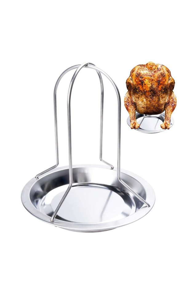 LMETJMA Chicken Roaster Rack With Bowl Carbon Steel Beer Can Chicken Turkey Roaster BBQ Grill Rac...