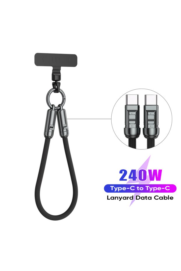 0.3m 240W Black C-C Wrist Lanyard 240W USB C to Type C Cable Portable Keychain,Crossbody Braided Fas