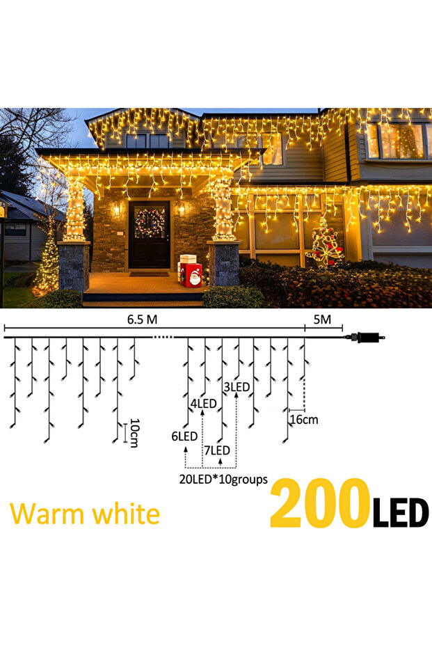 EU Plug BTD-6.5M200B-WW 6.5200LED/20M480LED Icicle String Lights Christmas 40Drops 8 Modes, Plug in