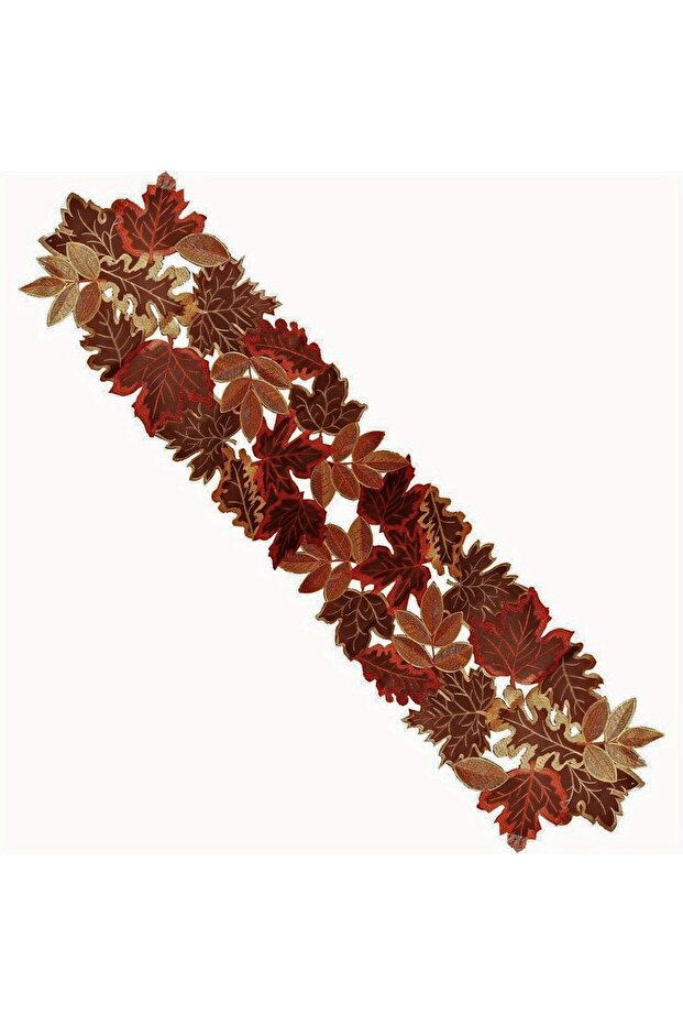 35x176cm 1pc Autumn Maple Leaf Embroidered Table Runner, Flocked Brown Maple Design, Rustic Farmhous