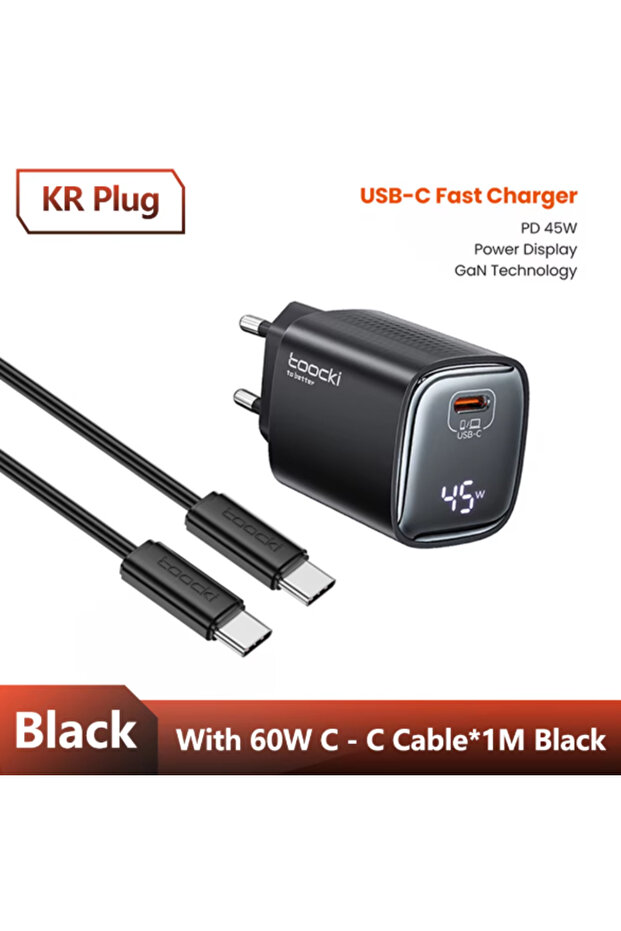KR Black with cable PD 45W GaN USB Charger For Phone Super Fast Charging 2.0 QC 3.0 LE