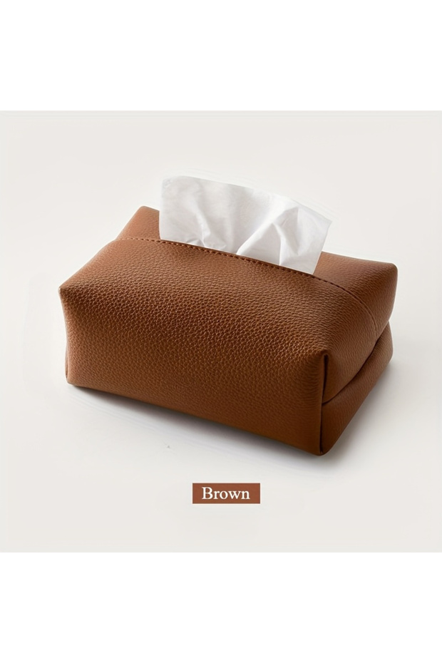 Caramel Brown Artificial Leather Tissue Box - Modern Square Design, Perfect for Bathrooms, Durable A