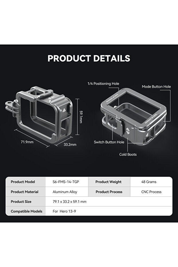 Frame Case TELESIN Aluminium Alloy Frame Case For Gopro Hero 9 10 11 12 13 Vertical shot Low Weight
