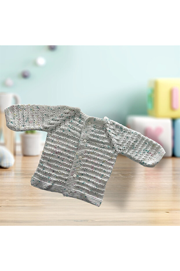 Hand Knitted Waterway Patterned Baby / Child Cardigan with White Spots (0-2 Years Old)