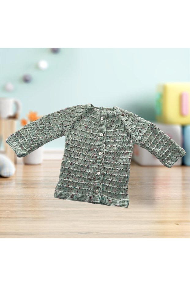 Hand Knitted Waterway Patterned Baby / Child Cardigan Green Spotted (0-2 Years Old)