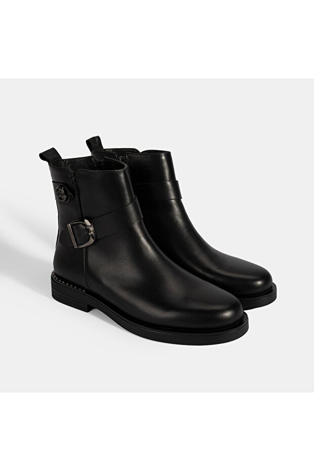 Women's Black Leather Boots with Metal Buckle Detail