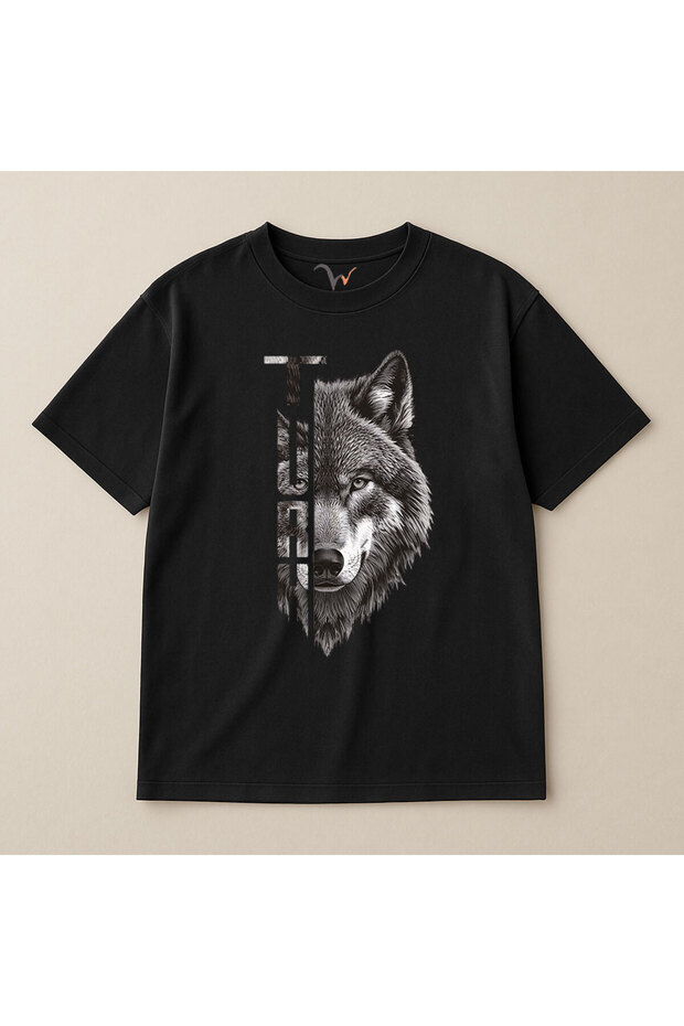 Half Wolf Half Turkish Text Design Printed 100% Cotton Oversized T-Shirt