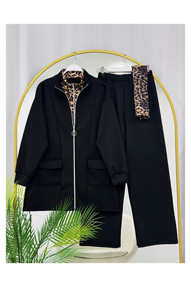 Double Zippered Stand-Up Collar Leopard Printed Double Set [Includes Tunic and Pants]