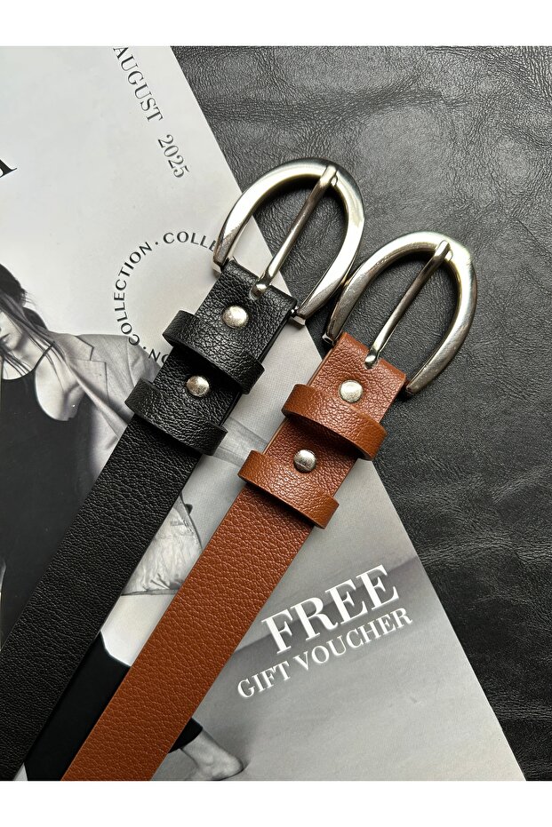 2-Pack Lust Classic Patterned Women's Silver Buckle Belt Jacket Belt Dress Belt Trouser Belt